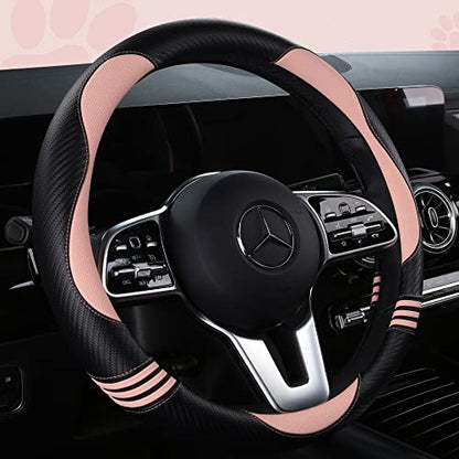 Car Steering Wheel Covers for Women Girl Padded Carbon Fiber PU Leather Cute Cartoon Auto Interior Accessories for Jeep