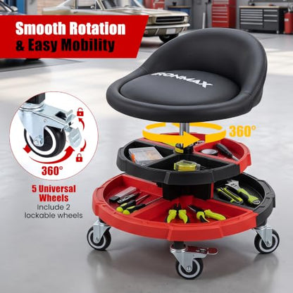 360° Rolling Mechanic Stool with 2 Tool Storage Trays