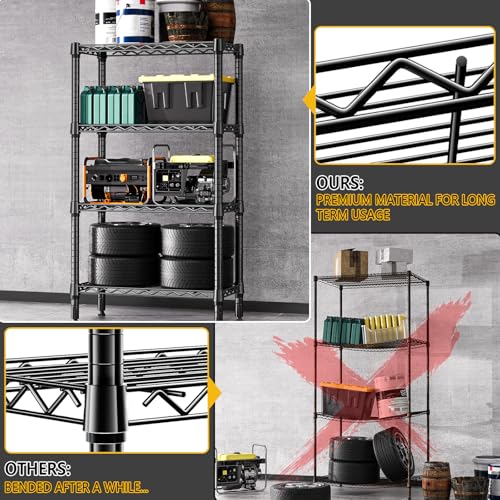 1000 lbs 4 Tier Shelf Metal Storage Shelves Wire Rack Closet Organizers for Garage Kitchen Bathroom Laundry Black 11.8" D x 25.6" W x 45.5" H (4 Count)