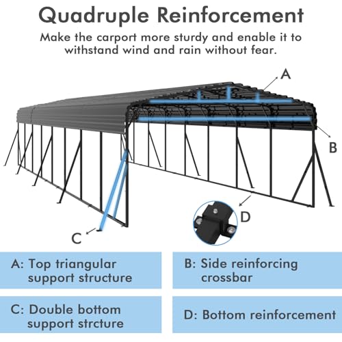 20x40 FT Metal Carport with Extra 10 Side Reinforcement Support Rods (877.04 Sq Ft)