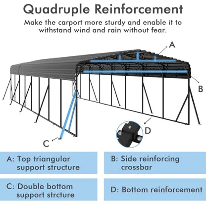 20x40 FT Metal Carport with Extra 10 Side Reinforcement Support Rods (877.04 Sq Ft)