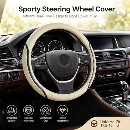Beige Steering Wheel Cover with Coasters Leather Universal 15 inch