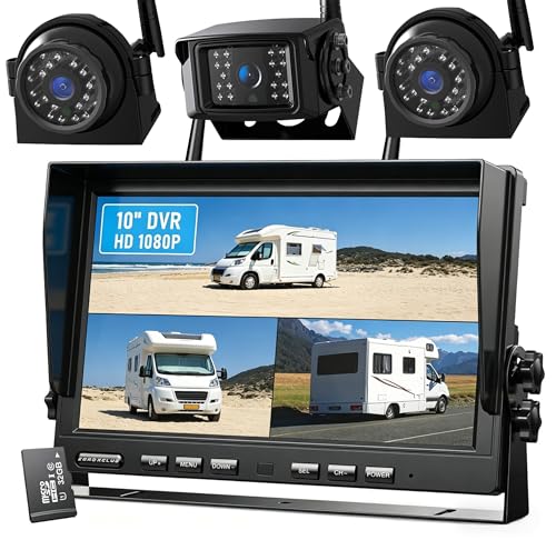 1080P Wireless Backup Camera System with 10 Inch DVR 3 Split Monitor
