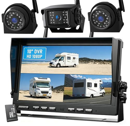 1080P Wireless Backup Camera System with 10 Inch DVR 3 Split Monitor