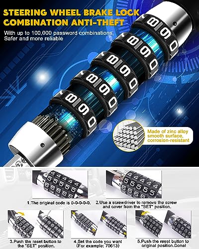 Steering Wheel Lock Anti Theft Device Retractable Brake Pedal Lock Keyless Password 5 Coded Combination Anti Theft Car Security Device Heavy Duty Universal Fit for Vehicle Car Truck Van SUV
