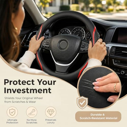 Steering Wheel Cover Black and Red Leather Universal 14.5 (3 Count)