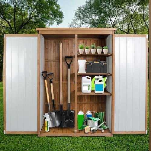 Outdoor Storage Cabinet Wood & Metal with Waterproof Roof