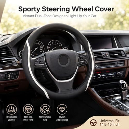 Steering Wheel Cover Black and White Leather Universal 14.5