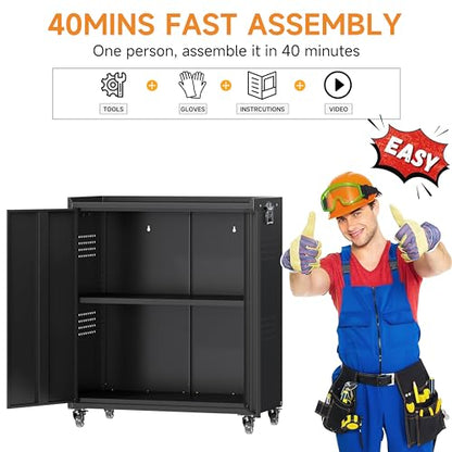 34" Metal Garage Storage Cabinet with Wheels