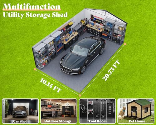 10x21x7.3 FT Metal Garage Shed with Double Hinged Doors