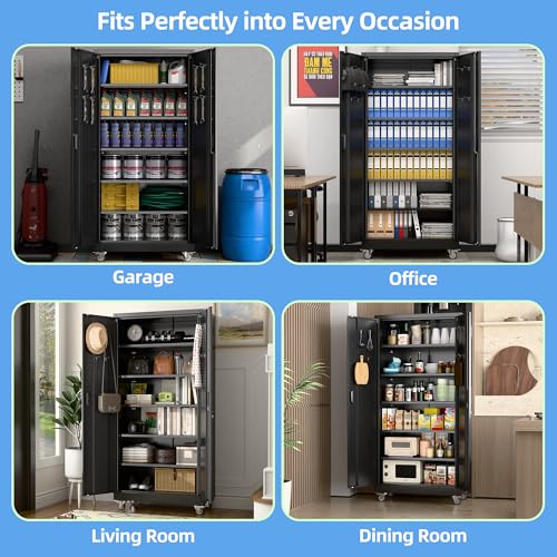 Black Metal Garage Storage Cabinet with Wheels