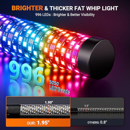 2PCS 3FT Fat Whip Lights for UTV ATV with Spring Base (2 Count)