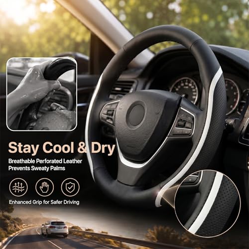 Steering Wheel Cover Black and White Leather Universal 14.5