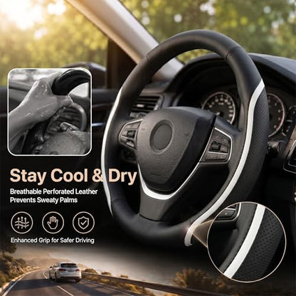 Steering Wheel Cover Black and White Leather Universal 14.5