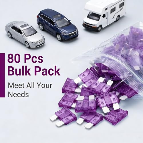 80Pcs) 3 Amp Standard Fuse, 3A Car Blade Fuses for Car/RV/Truck/SUV/Motorcycle/Boat