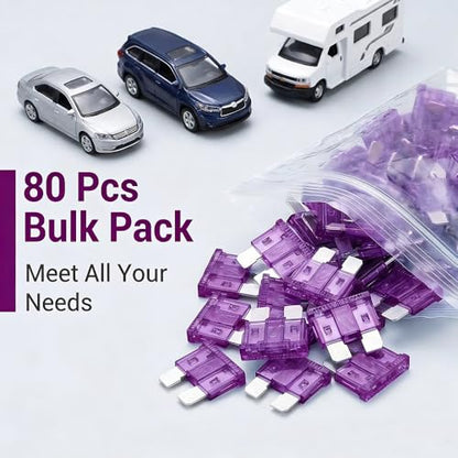 80Pcs) 3 Amp Standard Fuse, 3A Car Blade Fuses for Car/RV/Truck/SUV/Motorcycle/Boat
