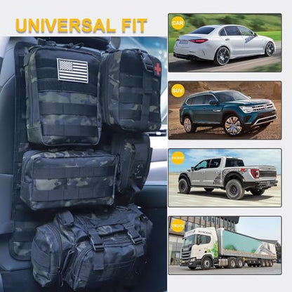 Universal Tactical Car Seat Back Organizer Bag Tactical Molle Vehicle Organizers Panel Vehicle Protector Organizers with 5 Detachable Pouches for Car Truck Ford Jeep