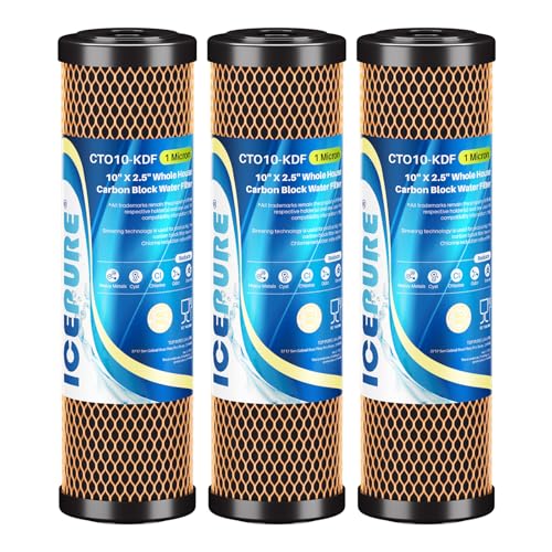 1 Micron 2.5" x 10" Whole House Water Filter Coconut Shell Activated CTO Carbon and KDF Cartridge for Home (3 Count)