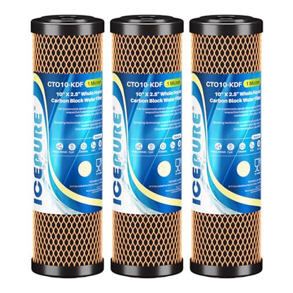 1 Micron 2.5" x 10" Whole House Water Filter Coconut Shell Activated CTO Carbon and KDF Cartridge for Home (3 Count)