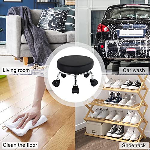 Modern Roller Seat PU Leather Low Round Rolling Stool 360° Swivel Small Seat with Universal Wheels Foot Stool for Home Office Garage Shop Fitness Sport H：8.6" （Black）
