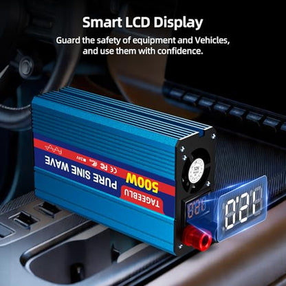 500W Pure Sine Wave Power Inverter 12V DC to 110V 120V AC for Vehicles