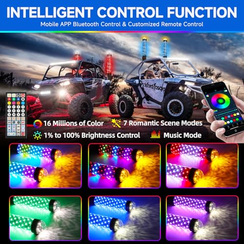 2Pack 1FT Fat Whip Lights New Upgraded Spiral LED Whip Light with Strobe Light RGB Chasing Dancing Lighted Antenna Whips W (2 Count)