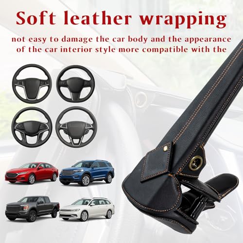 Leather Car Steering Wheel Lock Anti Theft Device Adjustable Length Fit for Cars Trucks Vans and SUVs with 2 Keys Leather Cover & Reinforced Steel Core Scratch