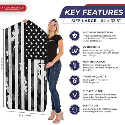 1 Piece Windshield Sun Shade B&W Camo American Flag USA Design