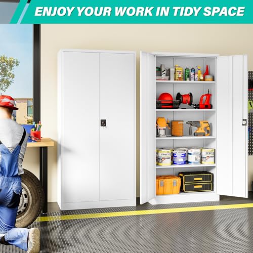 White Metal Storage Cabinet with Adjustable Shelves