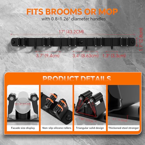5 Grippers Broom Holder Wall Mount with 4 Hooks Stainless Steel