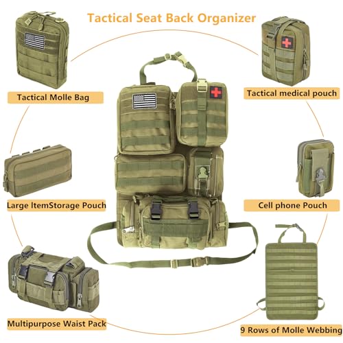 tactical car seat back organizer and storage truck seat covers with a Molle Vehicle Panel and 5 Different Size Molle Pouches for most models such as Jeep