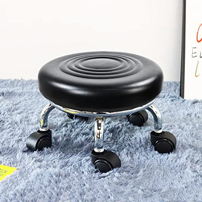 Modern Roller Seat PU Leather Foot Stool Low Round Rolling Stool 360° Step Stool Swivel Small Seat with Universal Wheels for Home Office Garage Shop Fitness Sport H：8.4" （Black）