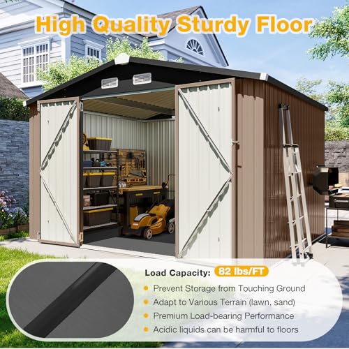 10x8 FT Outdoor Metal Storage Shed with Floor & Lockable Double Doors