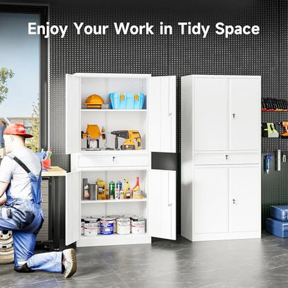 White Metal Storage Cabinet with Drawer and Locks