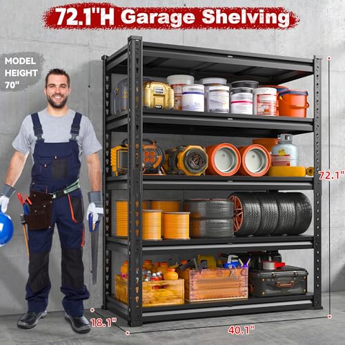 72.1" H Garage Shelving 2000LBS Storage Shelves Heavy Duty Metal Shelving 5 Tier Garage Storage Shelves for Commercial Warehouse Pantry Kitchen 72.1" H x 40.1" W x 18.1" D (5 Count)