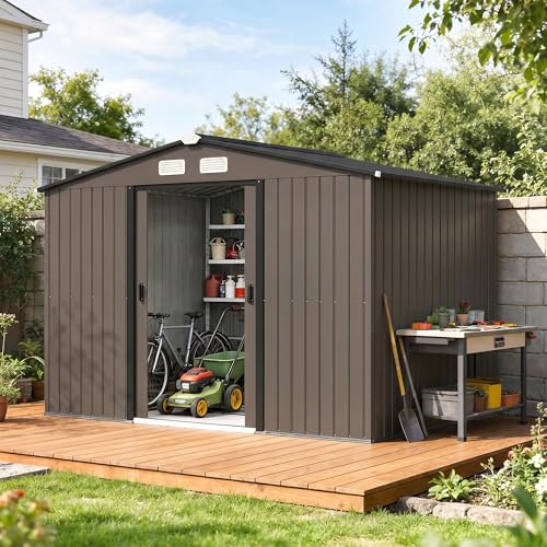 9' x 6' Outdoor Storage Shed Garden Tool Metal Shed Brown
