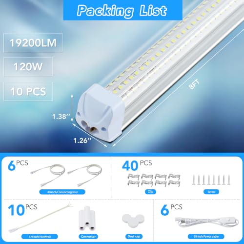 10PCS 8FT LED Shop Lights 120W 19200LM 6500K T8 V (10 Count)