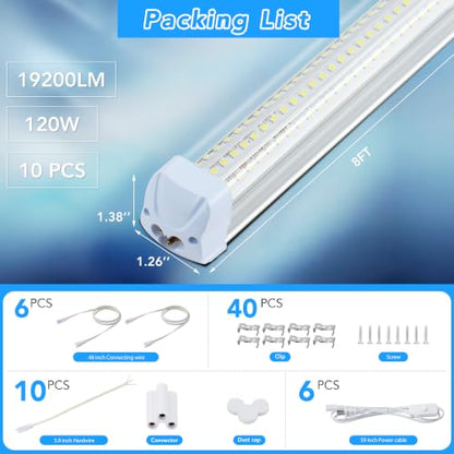 10PCS 8FT LED Shop Lights 120W 19200LM 6500K T8 V (10 Count)