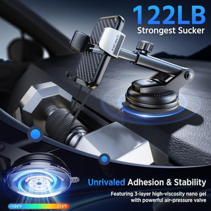 3-in-1 Car Phone Holder [122+LBS Strongest Suction & Stable Clamp Arm] 360° Adjustable Car Phone Mount, Cell Phone Holders for Your Car for Dashboard Vent, All Smartphones & Car Models