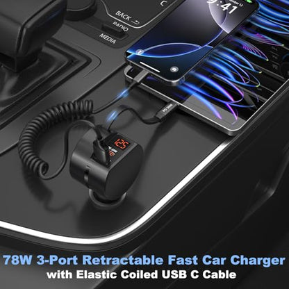 78W 3 Port Car Charger with Retractable USB (2 Count)