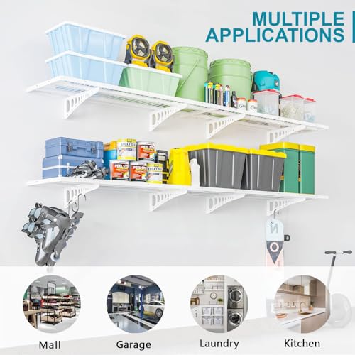 4-Pack 2×3ft(24×36 inch) Garage Wall Shelving, 1000 lbs Load Capacity, Garage Wall Mounted Shelves, Heavy Duty Shelf with Hooks, White