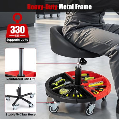360° Rolling Mechanic Stool with Tool Storage Tray