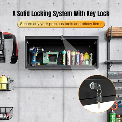 Small Wall Mounted Locking Cabinet Metal Garage Storage Cabinet Hanging Medicine Lockable Steel Utility Floating Tool 14" H Assembly Required Black