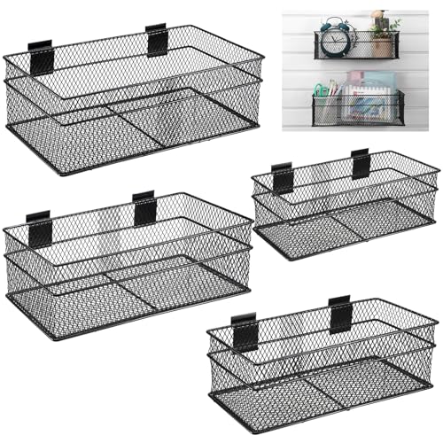 4 Pcs Slatwall Basket Set Ventilated Metal Slatwall Basket Hanging Wire Bins Wall Mounted Accessories for Panel Garage Storage Display Organizing (4 Count)