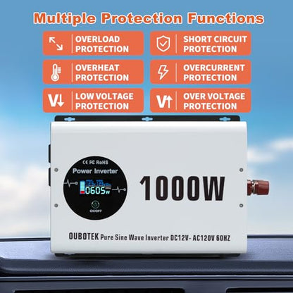 1000W Power Inverter Pure Sine Wave 12V DC to 120V AC