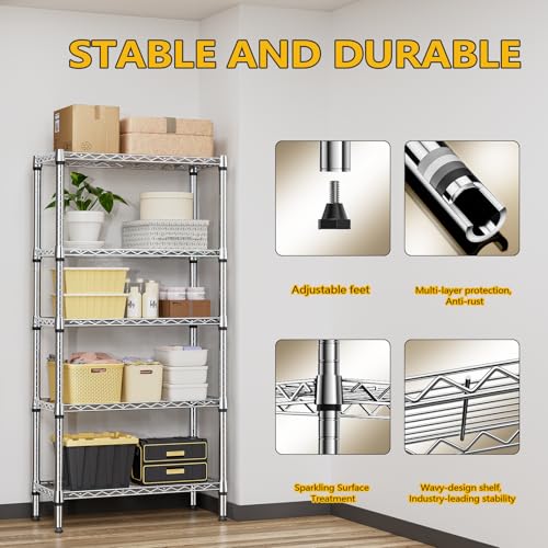1250 lbs 5 Tier Shelf Metal Storage Shelves Shelving Wire Rack Heavy Duty Closet Organizers for Garage Kitchen Bathroom Laundry Chrome 13.8" D x 29.5" W x 59.5" H (5 Count)
