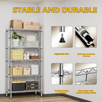 1250 lbs 5 Tier Shelf Metal Storage Shelves Shelving Wire Rack Heavy Duty Closet Organizers for Garage Kitchen Bathroom Laundry Chrome 13.8" D x 29.5" W x 59.5" H (5 Count)