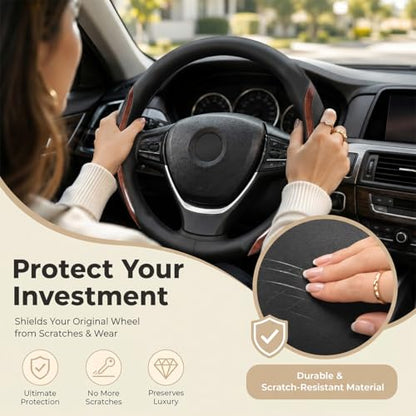Black Steering Wheel Cover Wood Grain Leather Universal 14.5" (3 Count)