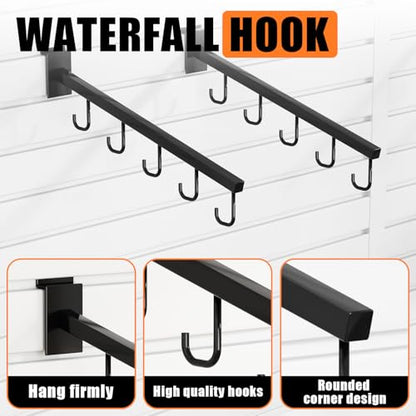 10-Pack 17-Inch Slatwall Waterfall Display Hooks with 5 J-Hooks – Black Slanted Arm Rack for Hanging Apparel, Bags & Accessories (25 Count)