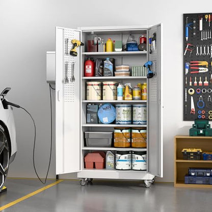 71" White Metal Storage Cabinet with Wheels
